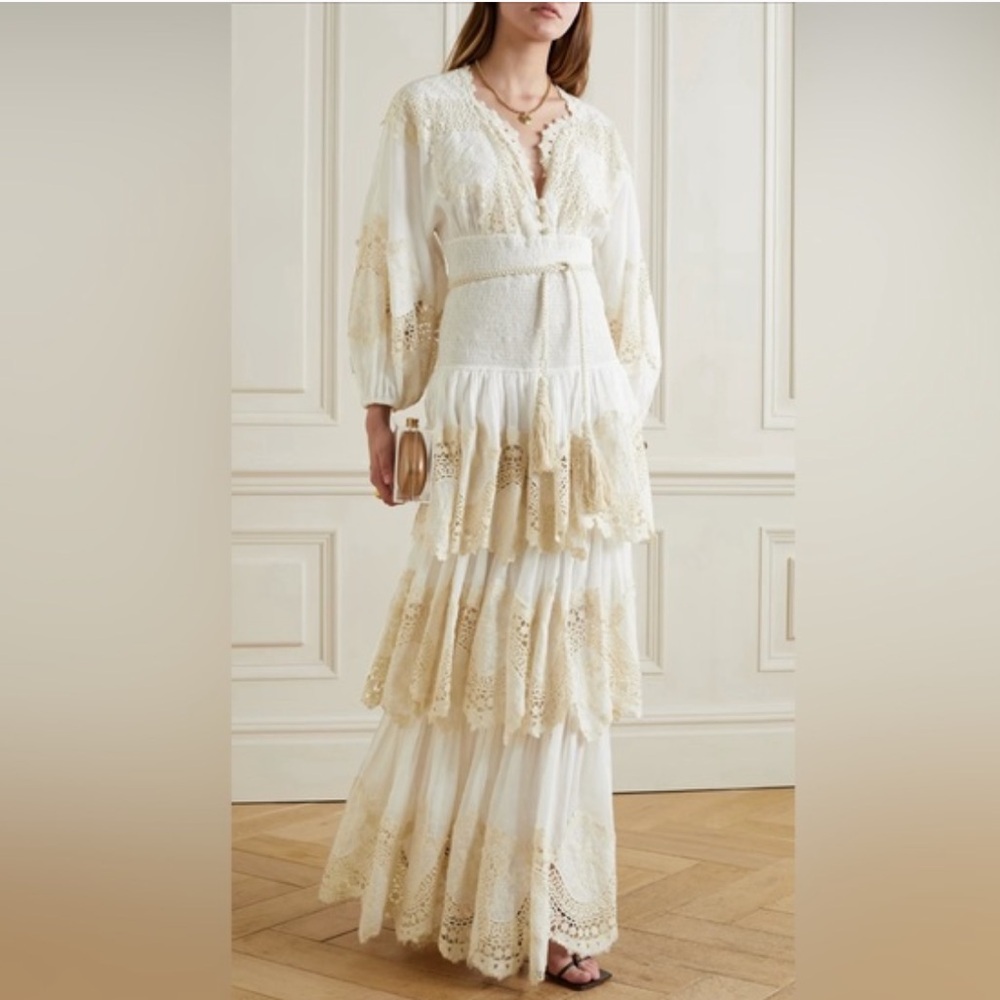 $1,750 ZIMMERMANN Crocheted lace-trimmed tiered ramie-gauze dress in size 1